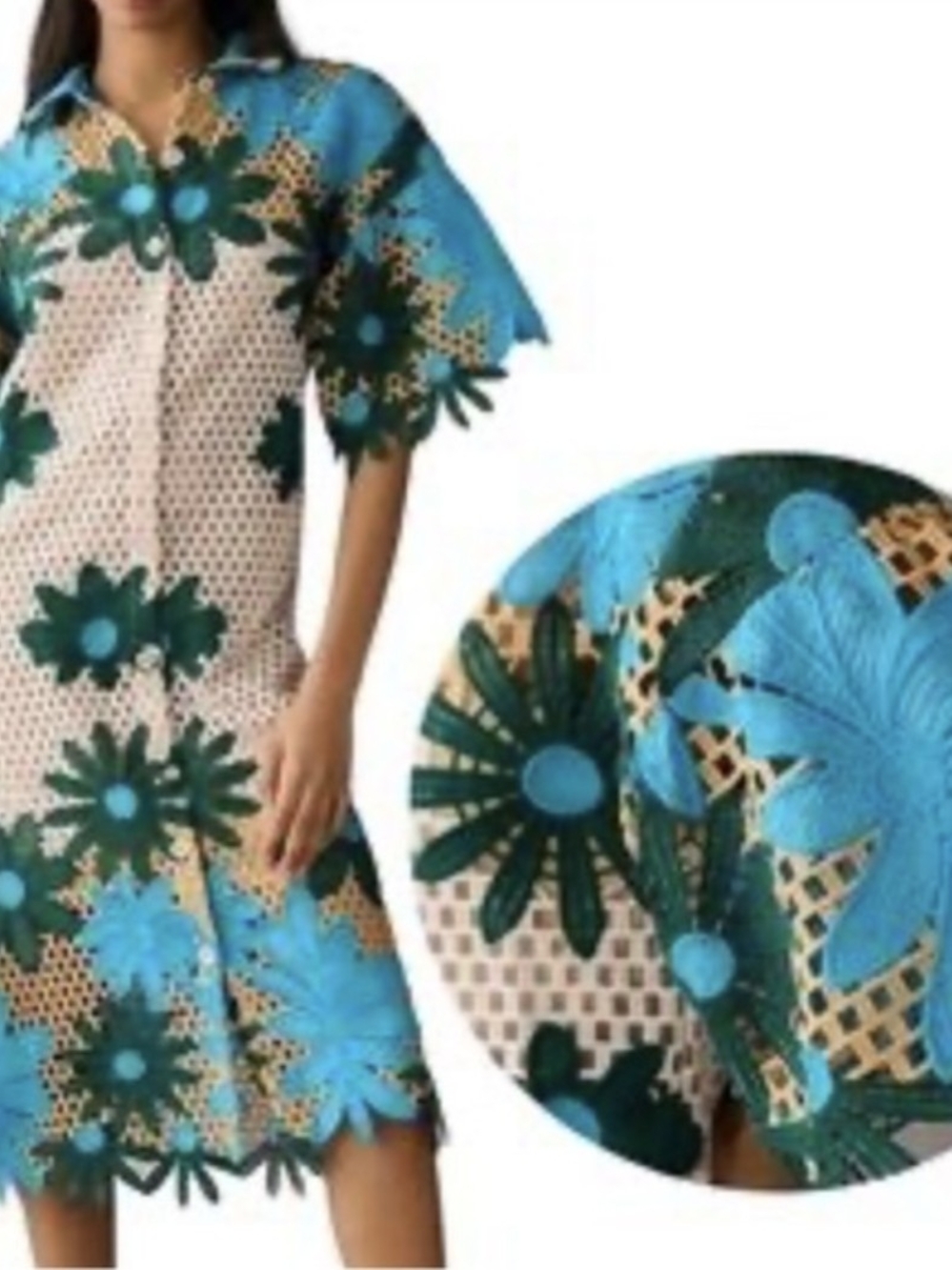 Eva Franco Blue and Green Floral Crochet Midi Dress - Picture 3 of 13